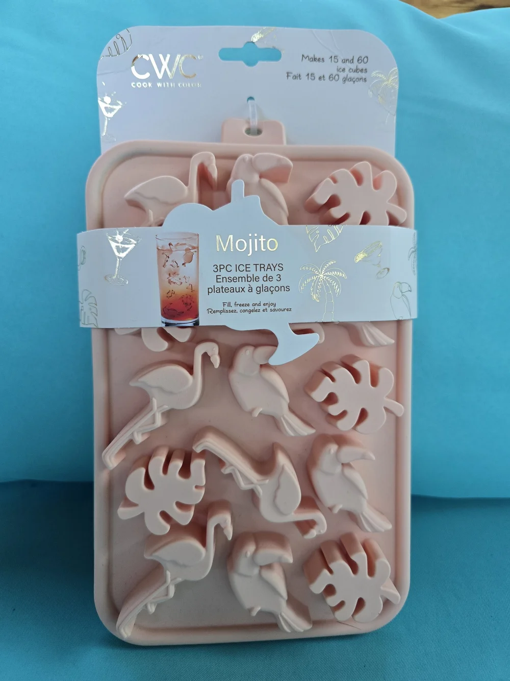 Pink Flamingo Drink Cup with Mojito Silicone Ice Tray Set & Glass Straws